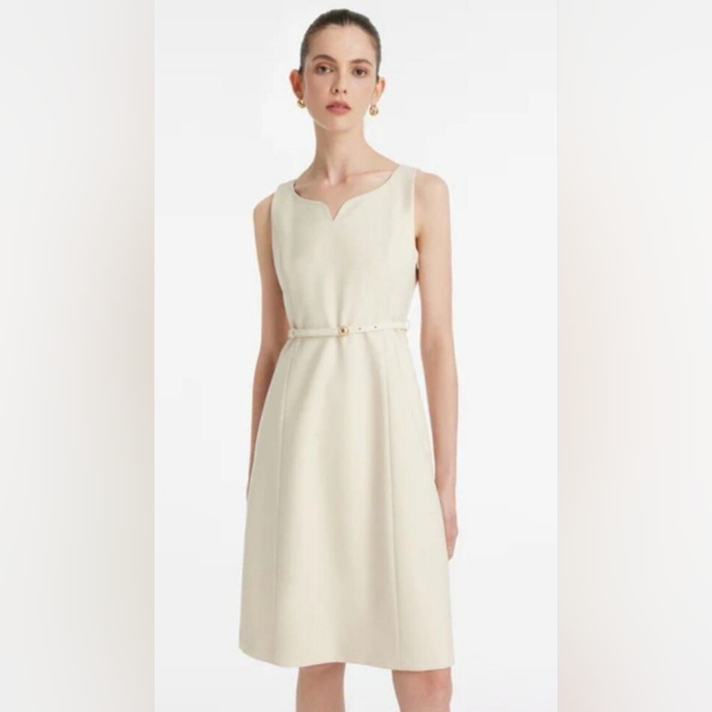 GOELIA Cream 100% Wool Sleeveless Sheath Dress with‎ Belt Size M